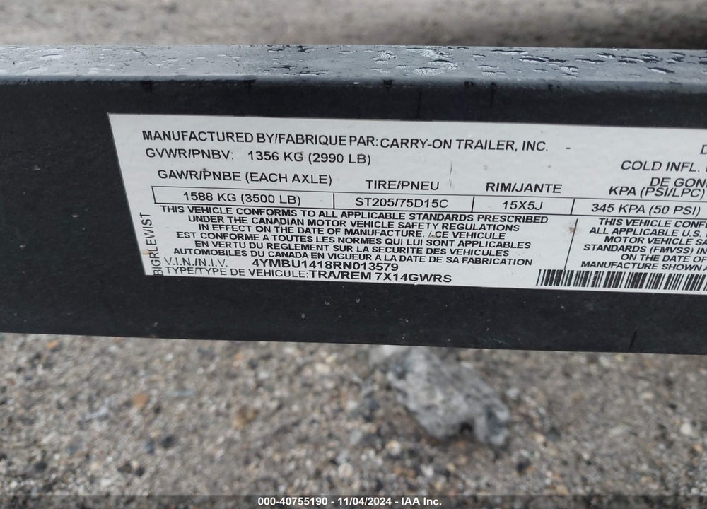 2024 CARRY-ON TRAILER 7X4 UTILITY VIN: 4YMBU1418RN013579