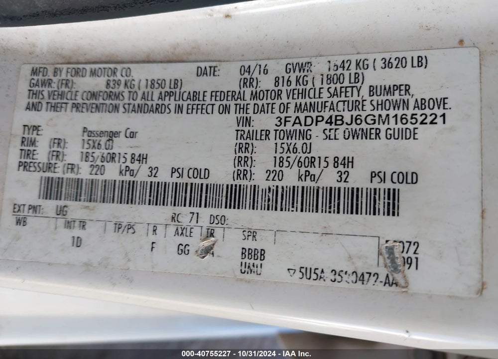 2016 FORD FIESTA SE VIN: 3FADP4BJ6GM165221