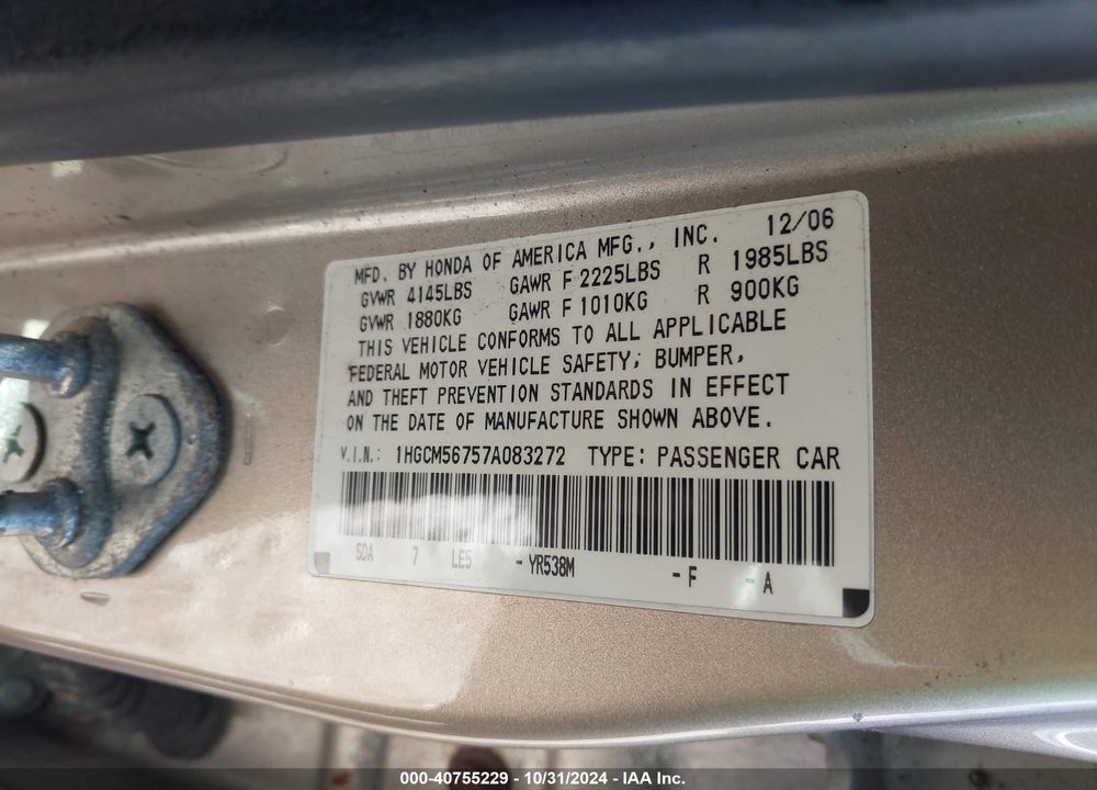 2007 HONDA ACCORD 2.4 EX VIN: 1HGCM56757A083272