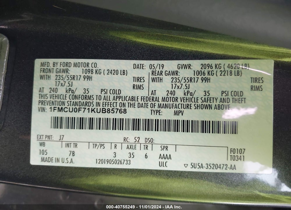2019 FORD ESCAPE S VIN: 1FMCU0F71KUB85768