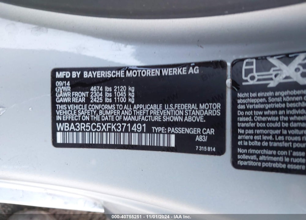 2015 BMW 435I VIN: WBA3R5C5XFK371491