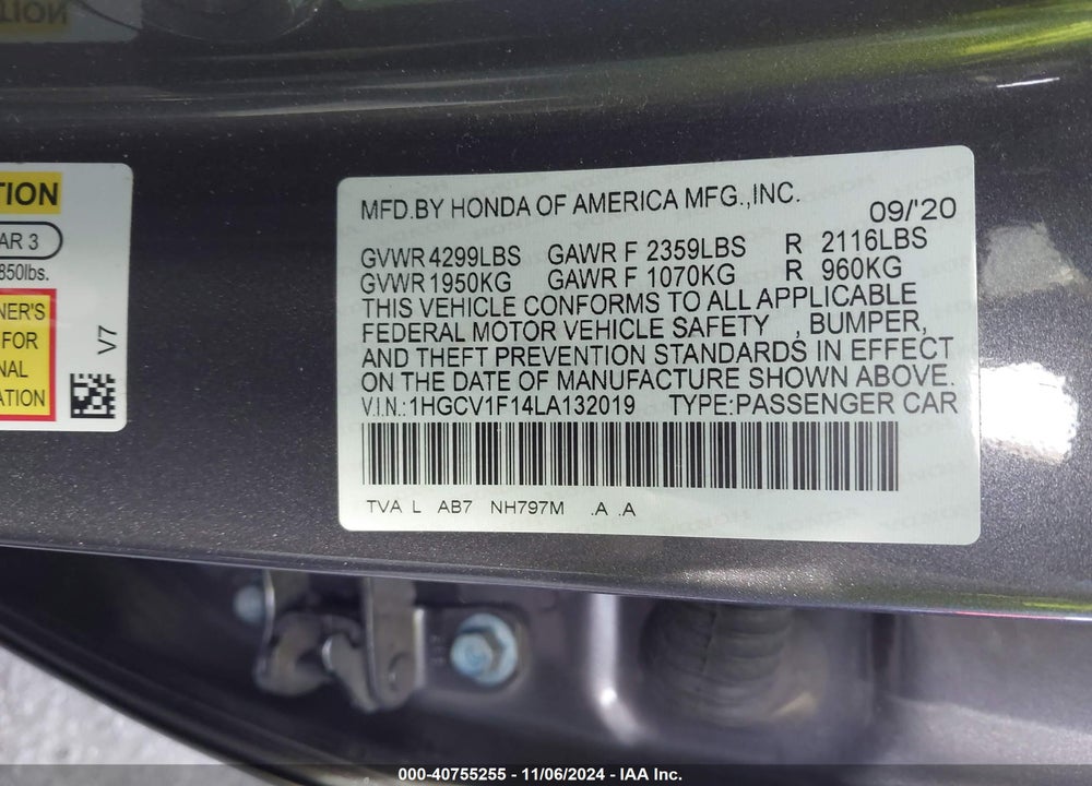 2020 HONDA ACCORD LX VIN: 1HGCV1F14LA132019