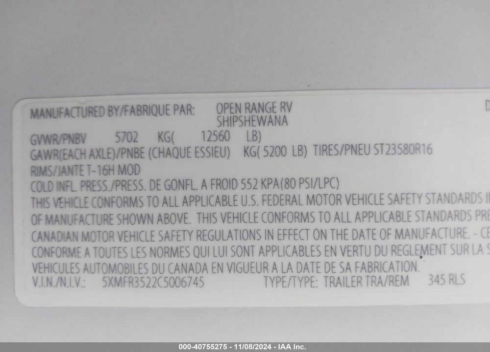 2012 OPEN RANGE 337RLS VIN: 5XMFR3522C5006745