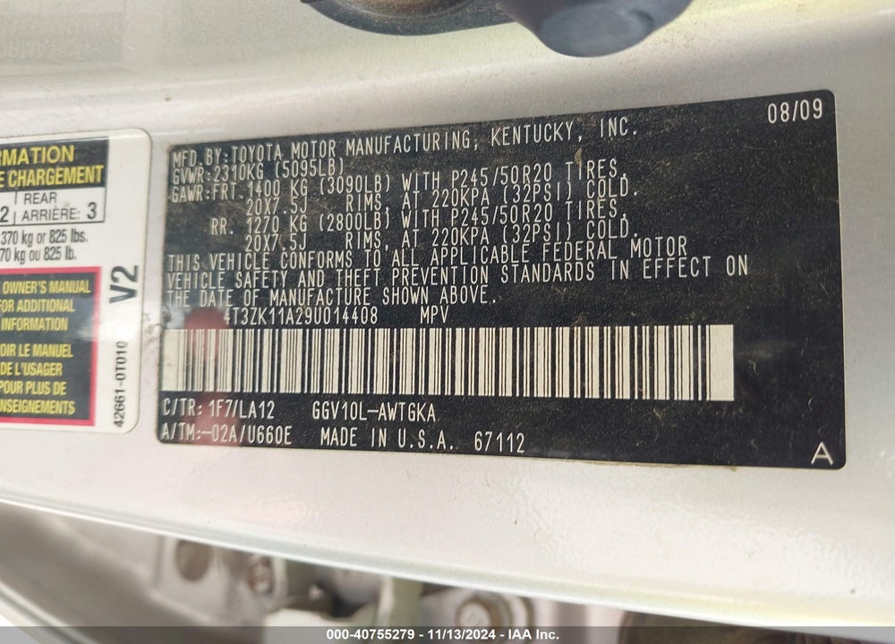 2009 TOYOTA VENZA BASE V6 VIN: 4T3ZK11A29U014408