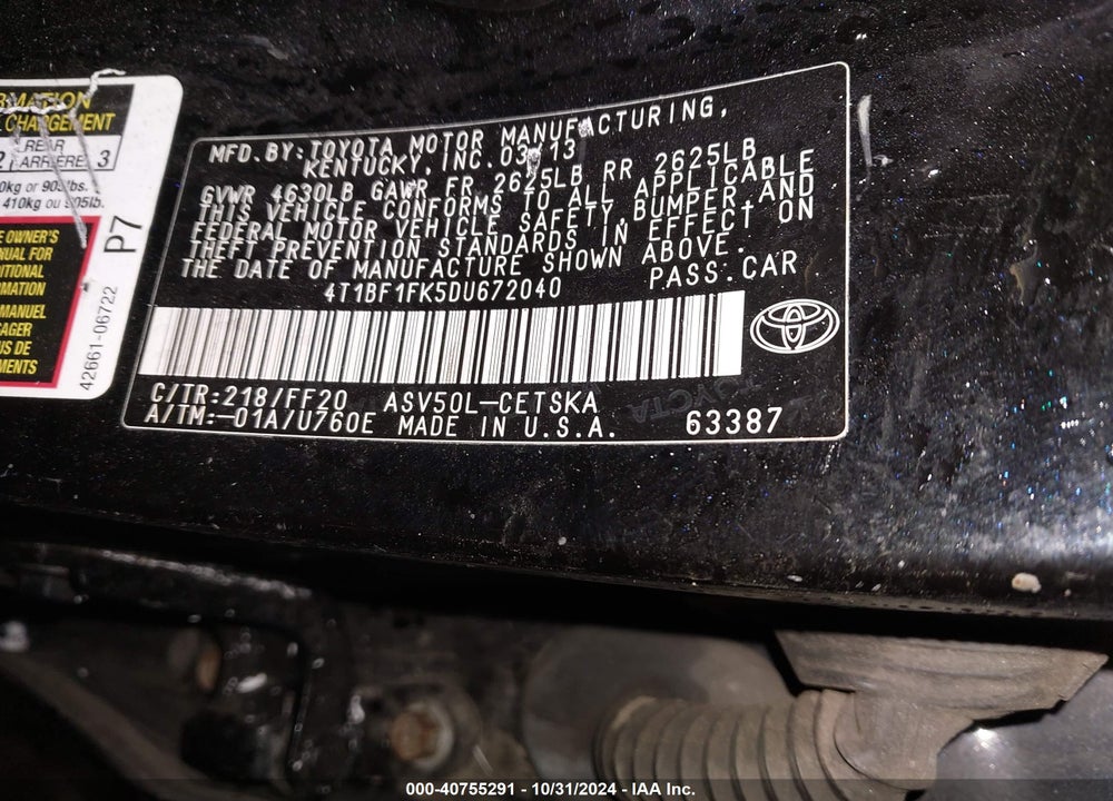 2013 TOYOTA CAMRY SE VIN: 4T1BF1FK5DU672040