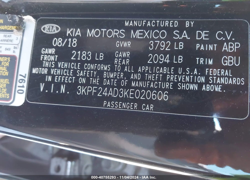 2019 KIA FORTE LXS VIN: 3KPF24AD3KE020606
