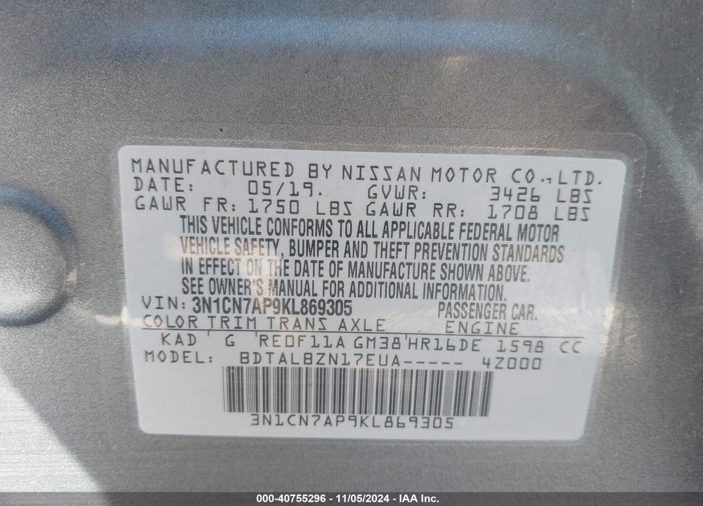 2019 NISSAN VERSA 1.6 SV VIN: 3N1CN7AP9KL869305