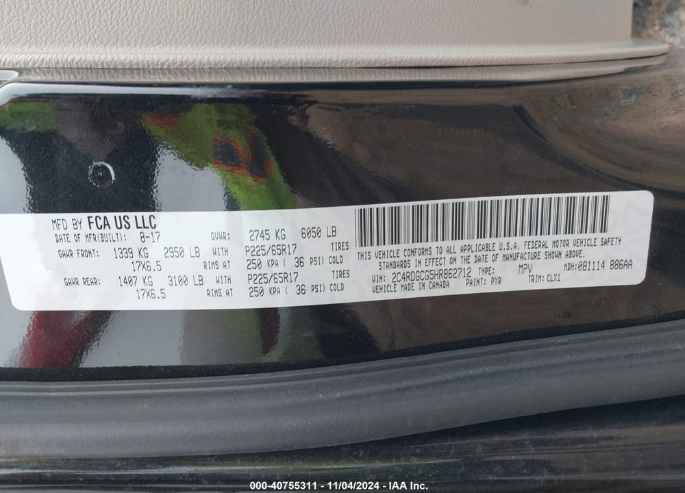 2017 DODGE GRAND CARAVAN SXT VIN: 2C4RDGCG5HR862712