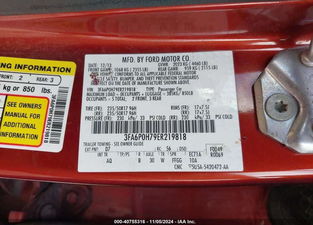 2014 FORD FUSION VIN: 3FA6P0H79ER219818