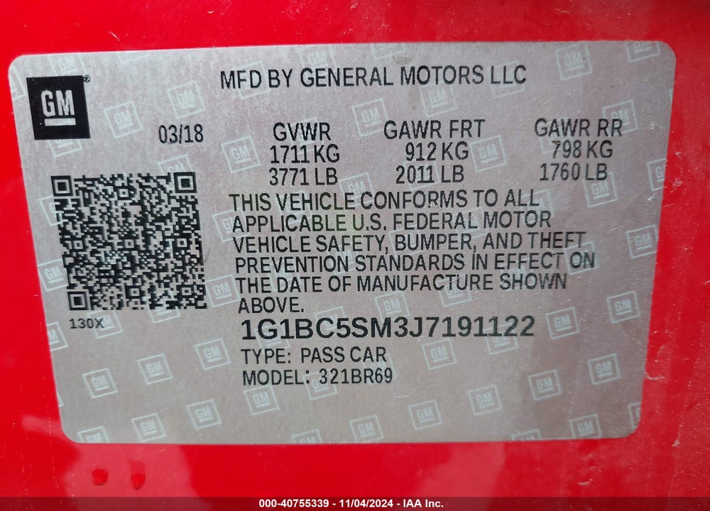 2018 CHEVROLET CRUZE LS AUTO VIN: 1G1BC5SM3J7191122