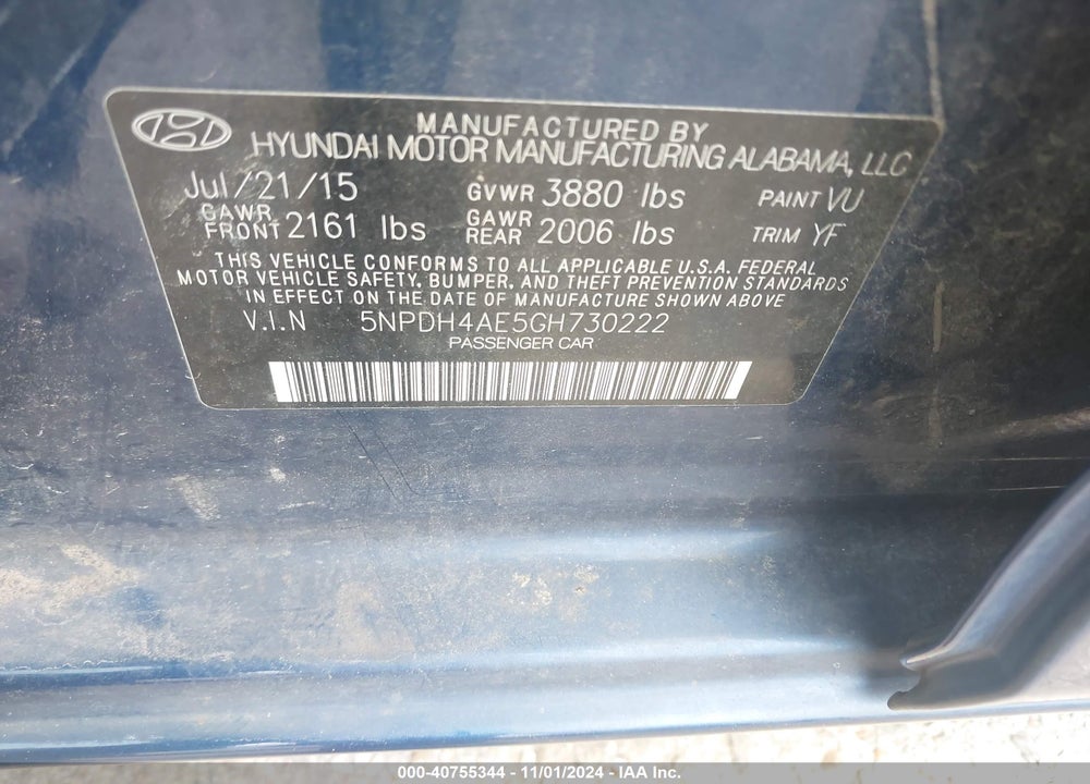 2016 HYUNDAI ELANTRA VALUE EDITION VIN: 5NPDH4AE5GH730222