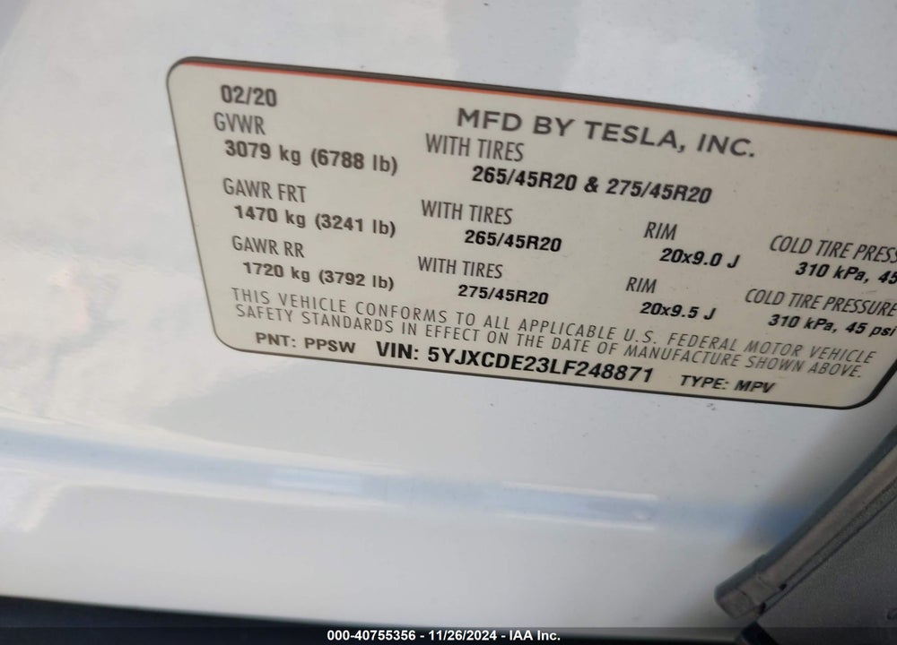 2020 TESLA MODEL X LONG RANGE DUAL MOTOR ALL-WHEEL DRIVE/LONG RANGE PLUS DUAL MOTOR ALL-WHEEL DRIVE VIN: 5YJXCDE23LF248871
