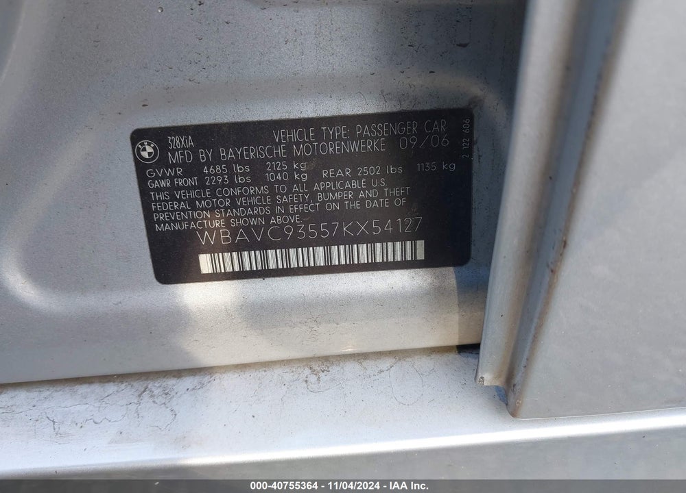 2007 BMW 328XI VIN: WBAVC93557KX54127