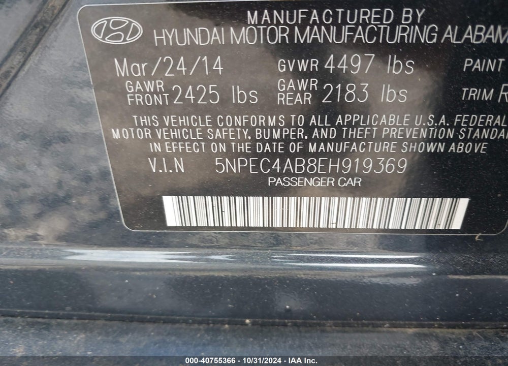 2014 HYUNDAI SONATA SE 2.0T VIN: 5NPEC4AB8EH919369