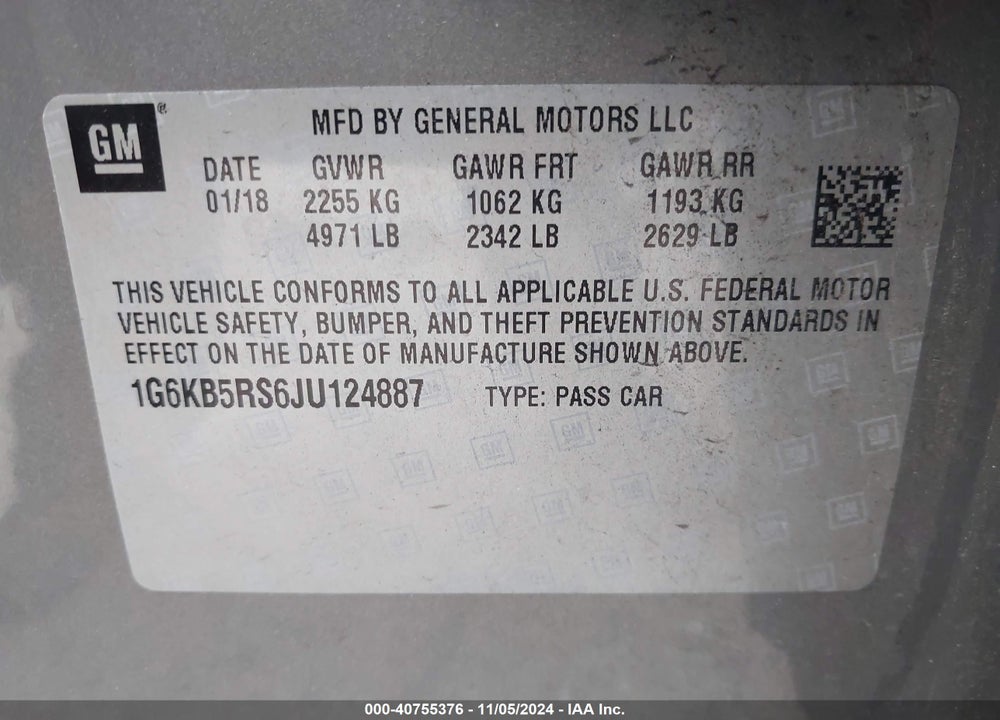 2018 CADILLAC CT6 STANDARD VIN: 1G6KB5RS6JU124887