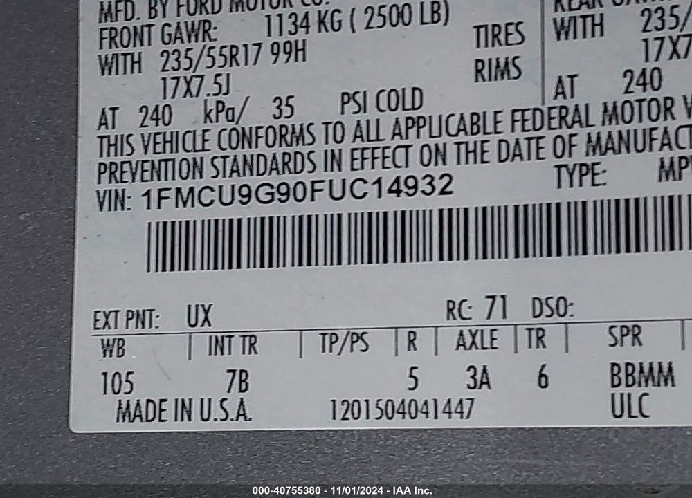 2015 FORD ESCAPE SE VIN: 1FMCU9G90FUC14932