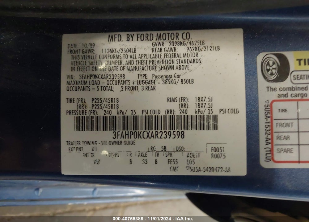 2010 FORD FUSION SPORT VIN: 3FAHP0KCXAR239598