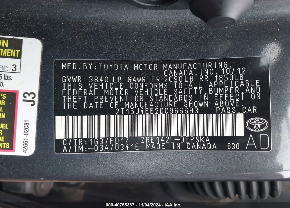 2013 TOYOTA COROLLA S VIN: 2T1BU4EE2DC966693