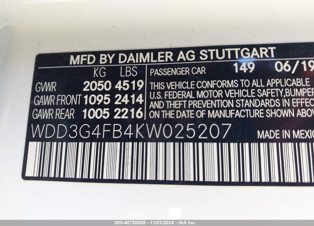 2019 MERCEDES-BENZ A 220 4MATIC VIN: WDD3G4FB4KW025207