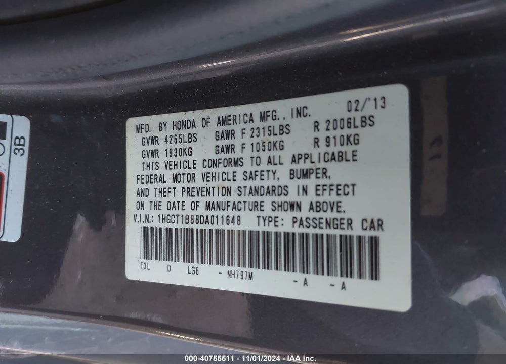 2013 HONDA ACCORD EX-L VIN: 1HGCT1B88DA011648
