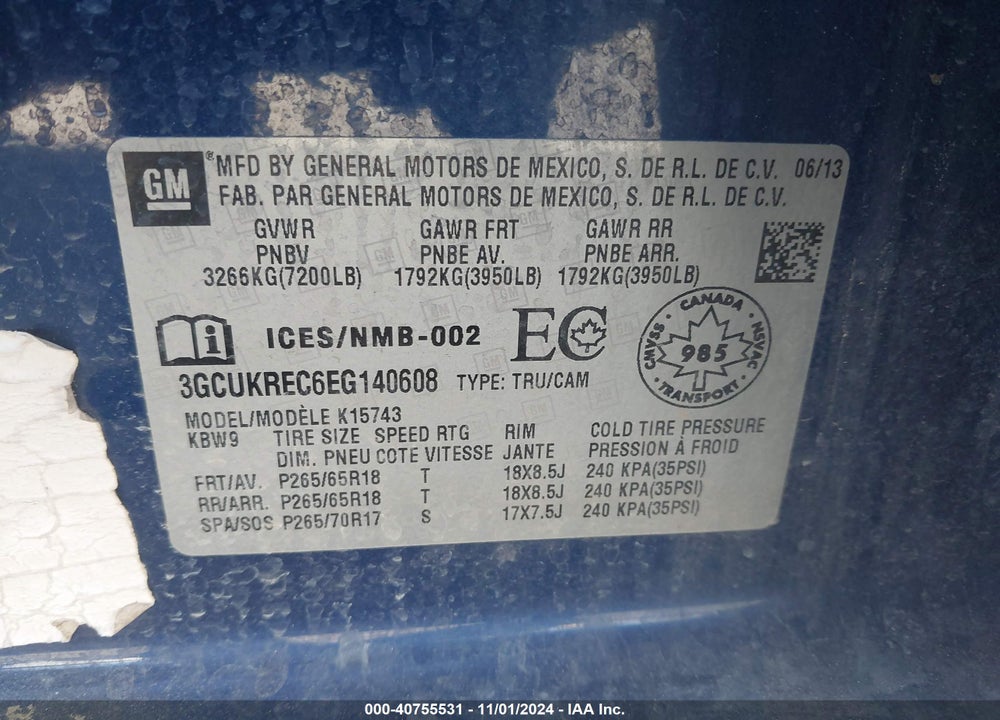 2014 CHEVROLET SILVERADO 1500 1LT/2LT VIN: 3GCUKREC6EG140608