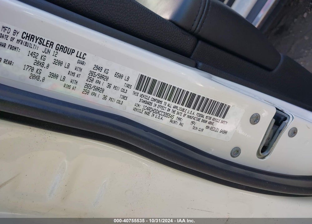 2012 DODGE DURANGO CREW VIN: 1C4RDHDGXCC335545