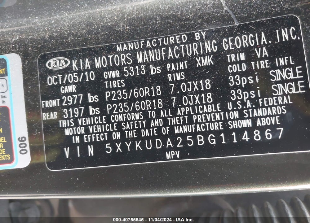 2011 KIA SORENTO EX V6 VIN: 5XYKUDA25BG114867