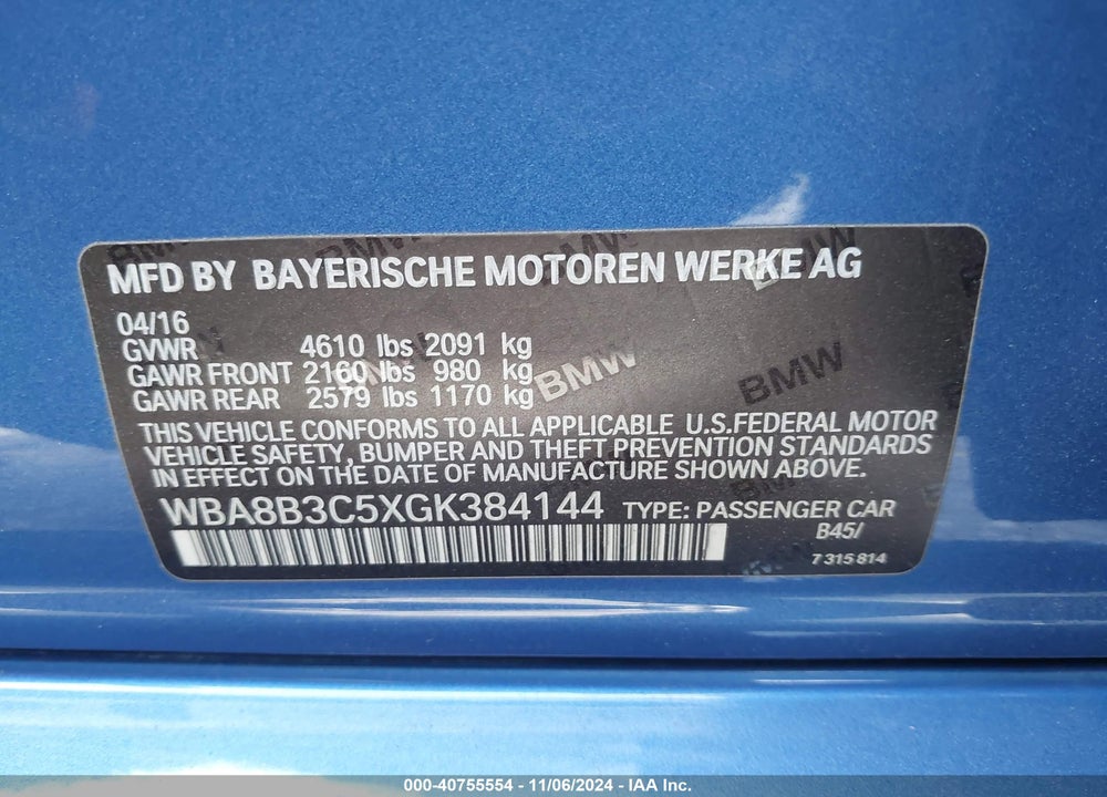 2016 BMW 340I VIN: WBA8B3C5XGK384144