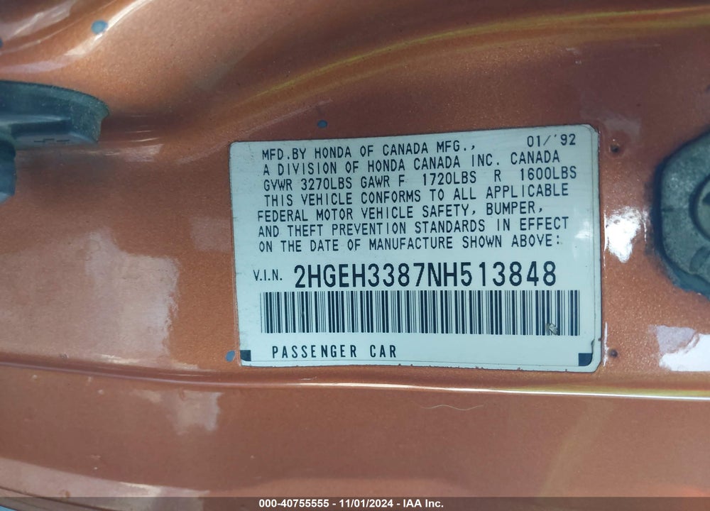1992 HONDA CIVIC SI VIN: 2HGEH3387NH513848