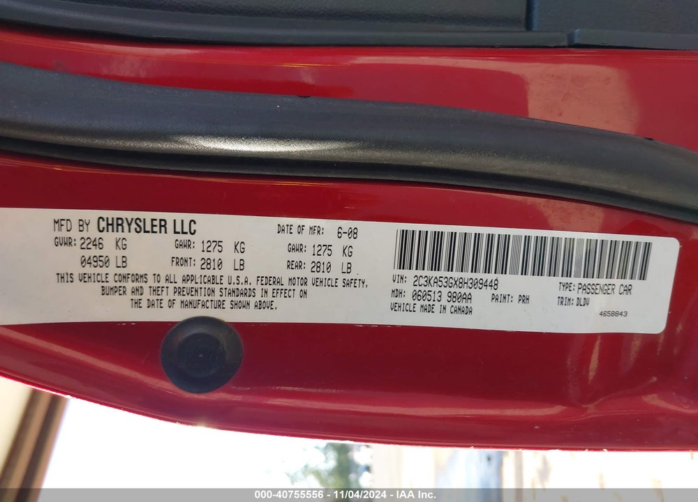 2008 CHRYSLER 300 TOURING VIN: 2C3KA53GX8H309448