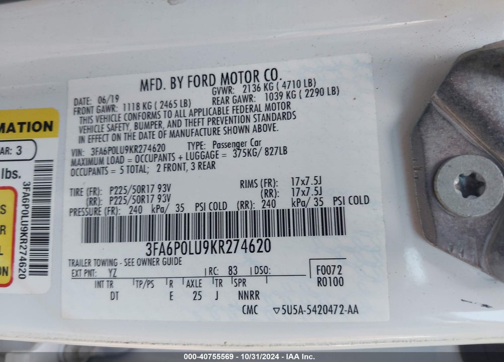 2019 FORD FUSION HYBRID VIN: 3FA6P0LU9KR274620