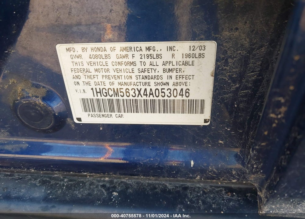 2004 HONDA ACCORD SDN LX VIN: 1HGCM563X4A053046