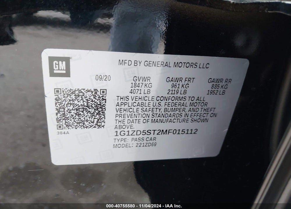 2021 CHEVROLET MALIBU FWD LT VIN: 1G1ZD5ST2MF015112