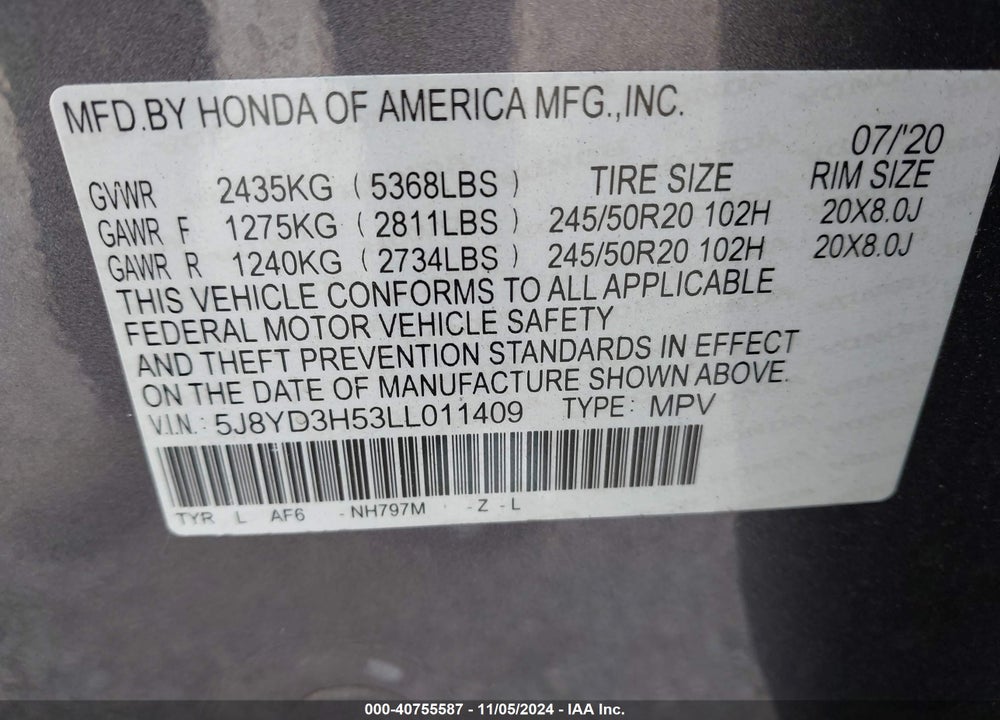 2020 ACURA MDX TECHNOLOGY PACKAGE VIN: 5J8YD3H53LL011409