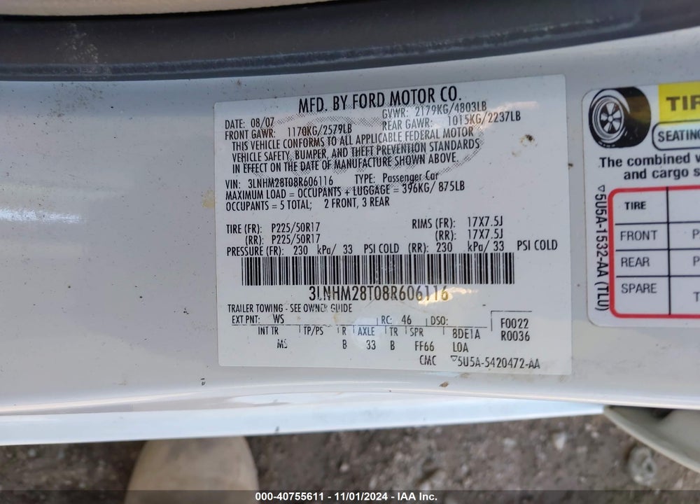 2008 LINCOLN MKZ VIN: 3LNHM28T08R606116