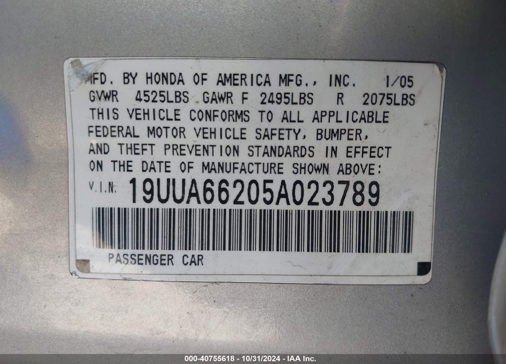 2005 ACURA TL VIN: 19UUA66205A023789