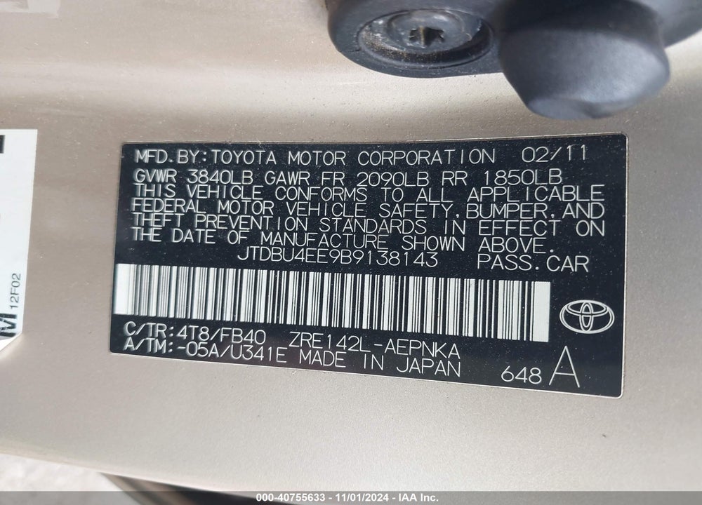 2011 TOYOTA COROLLA LE VIN: JTDBU4EE9B9138143