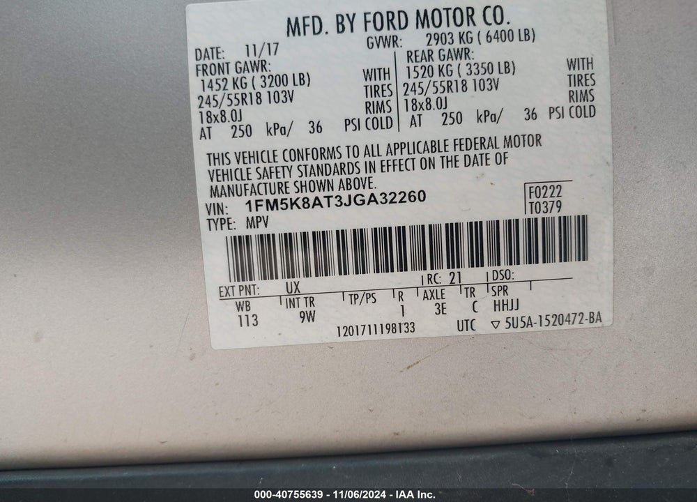 2018 FORD POLICE INTERCEPTOR UTILITY VIN: 1FM5K8AT3JGA32260