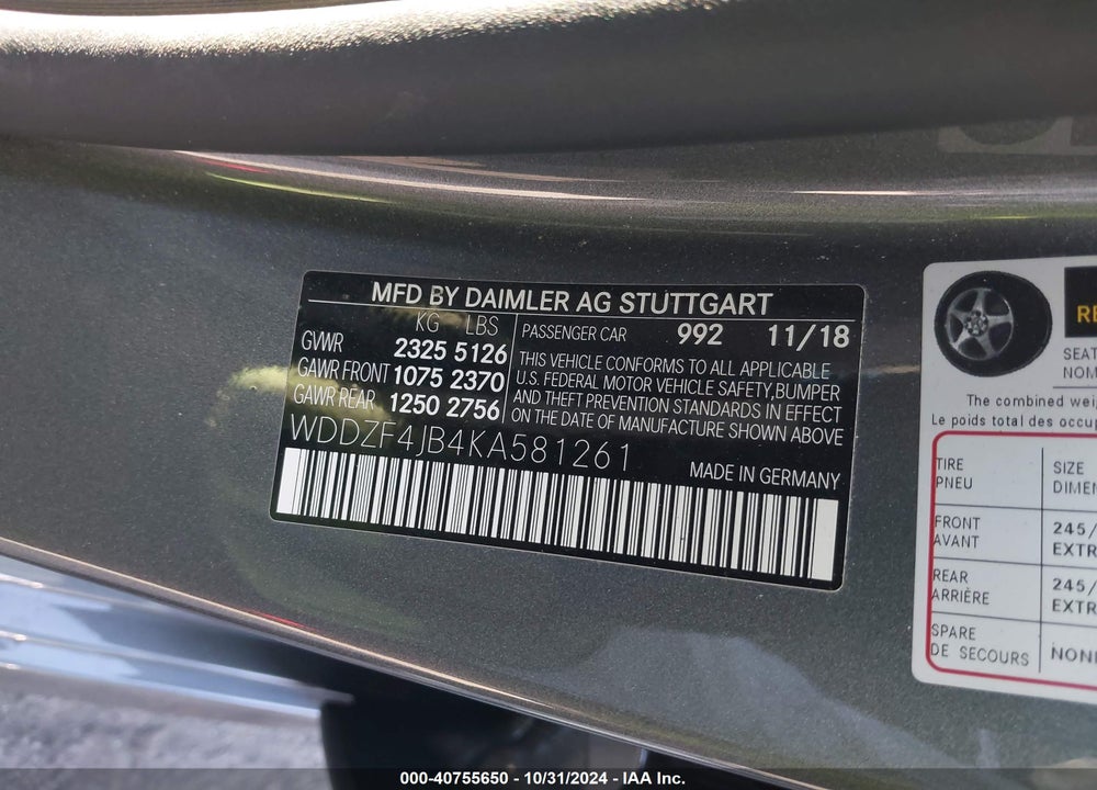 2019 MERCEDES-BENZ E 300 VIN: WDDZF4JB4KA581261