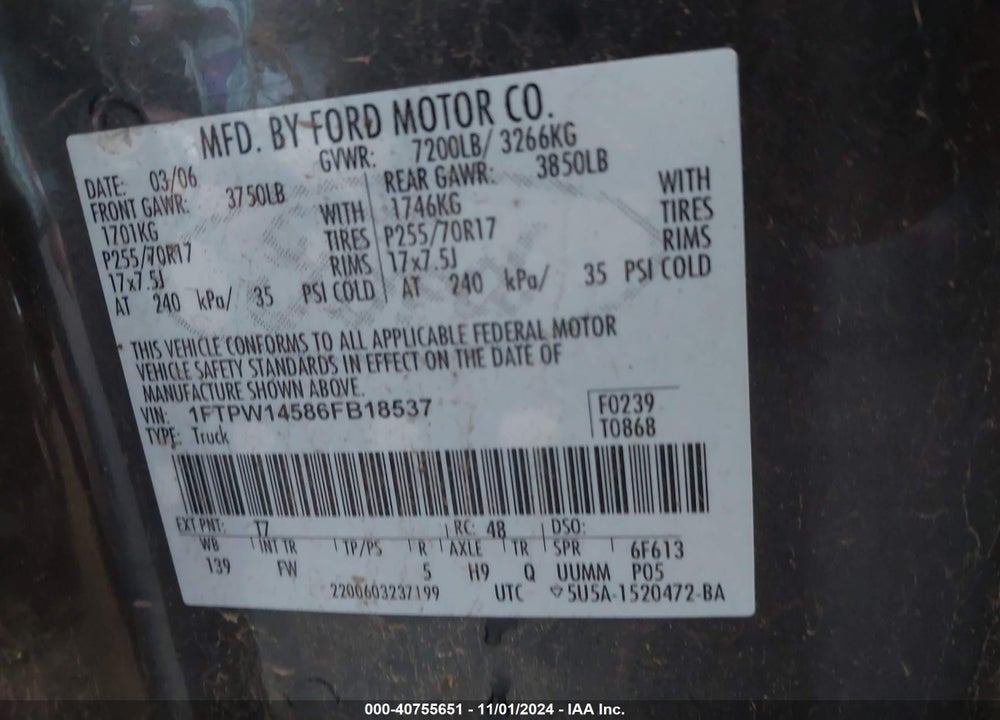 2006 FORD F-150 FX4/LARIAT/XLT VIN: 1FTPW14586FB18537