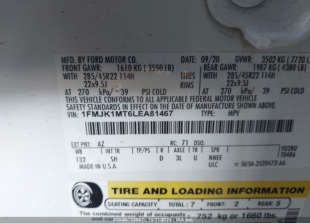 2020 FORD EXPEDITION PLATINUM MAX VIN: 1FMJK1MT6LEA81467