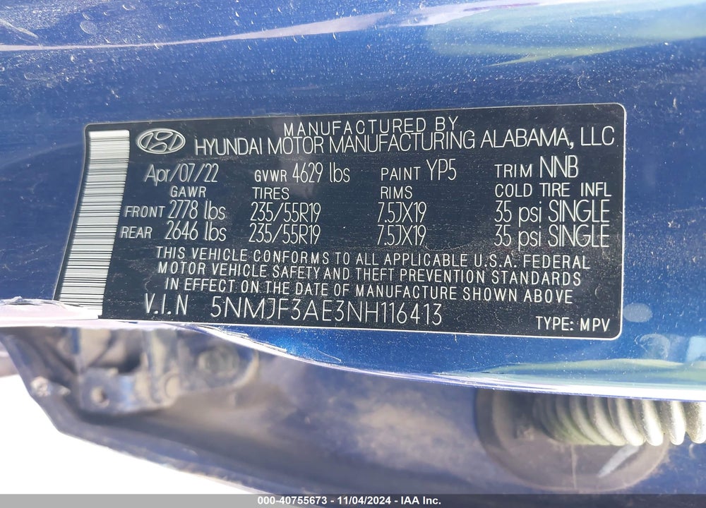 2022 HYUNDAI TUCSON SEL VIN: 5NMJF3AE3NH116413