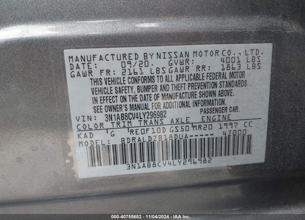 2020 NISSAN SENTRA SV XTRONIC CVT VIN: 3N1AB8CV4LY296982