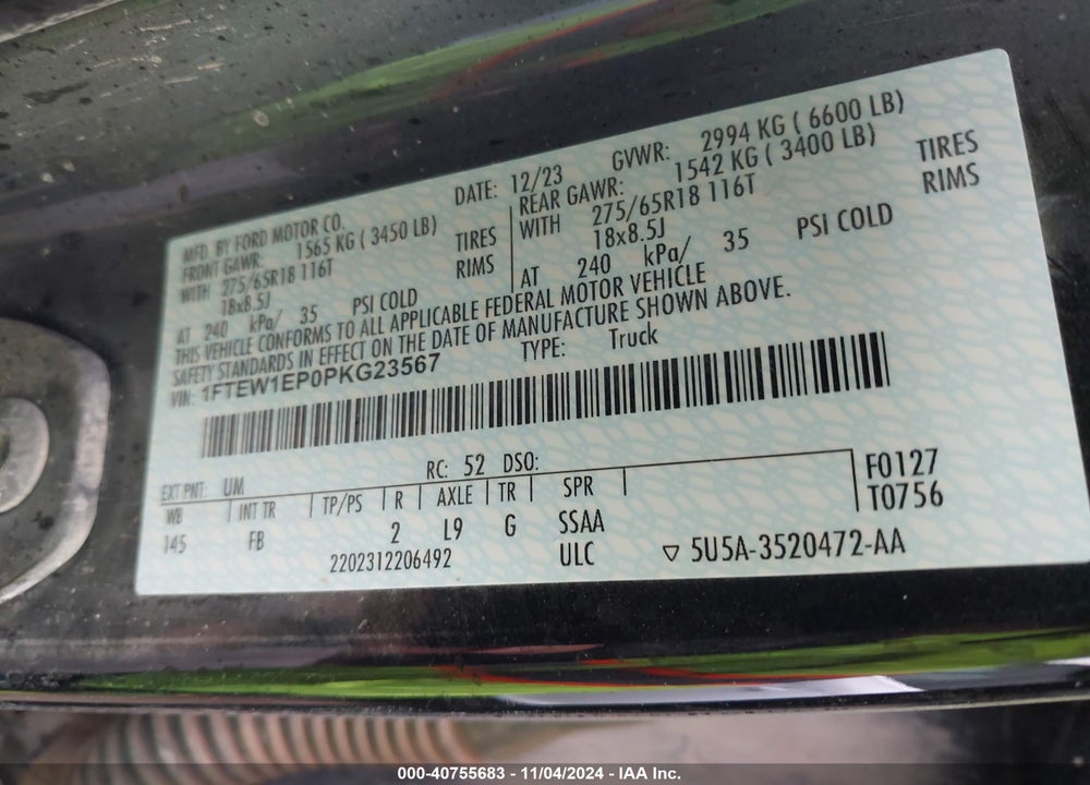 2023 FORD F150 VIN: 1FTEW1EP0PKG23567