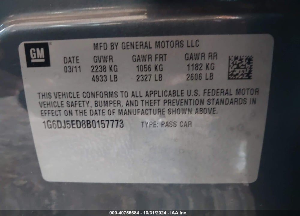 2011 CADILLAC CTS STANDARD VIN: 1G6DJ5ED8B0157773