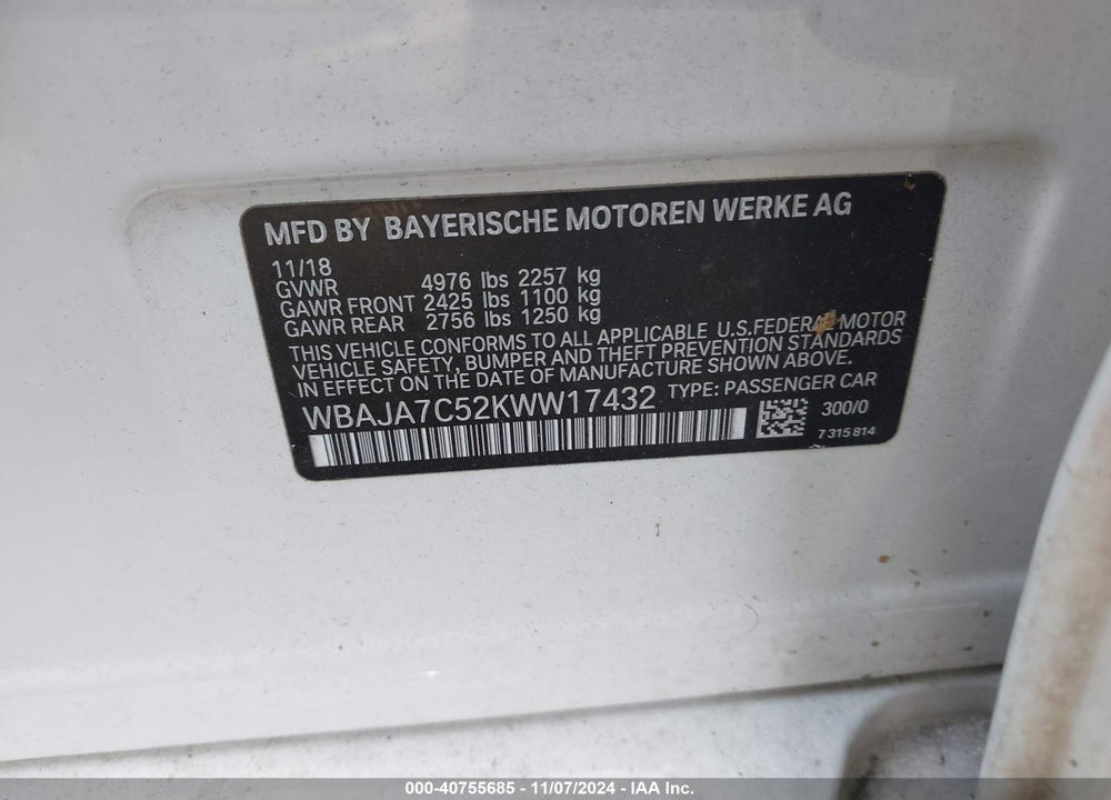 2019 BMW 530I XDRIVE VIN: WBAJA7C52KWW17432