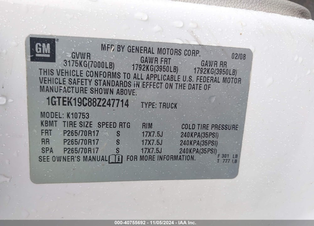 2008 GMC SIERRA 1500 WORK TRUCK VIN: 1GTEK19C88Z247714