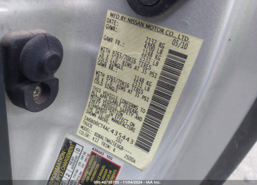 2010 NISSAN FRONTIER SE-I4 VIN: 1N6BD0CT4AC435443
