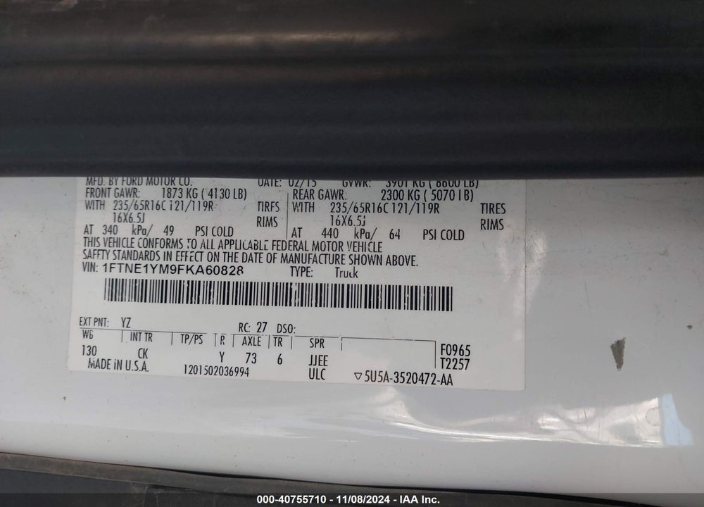 2015 FORD TRANSIT-150 VIN: 1FTNE1YM9FKA60828
