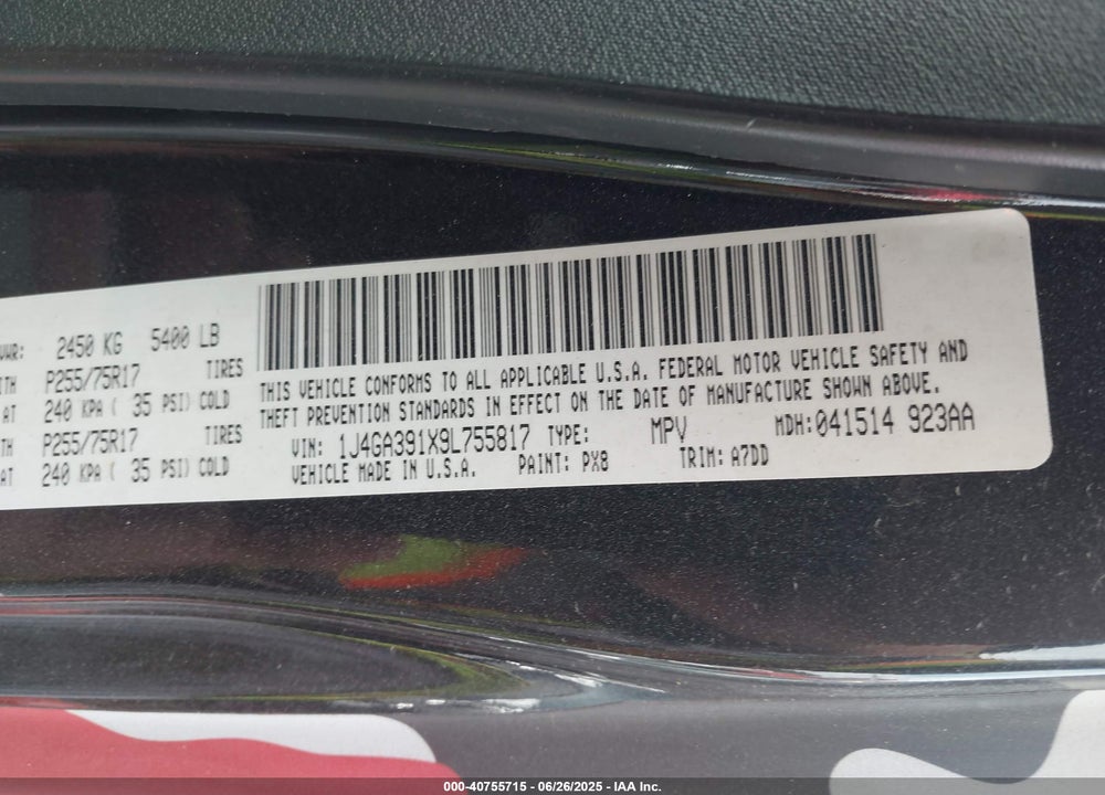 2009 JEEP WRANGLER UNLIMITED VIN: 1J4GA391X9L755817